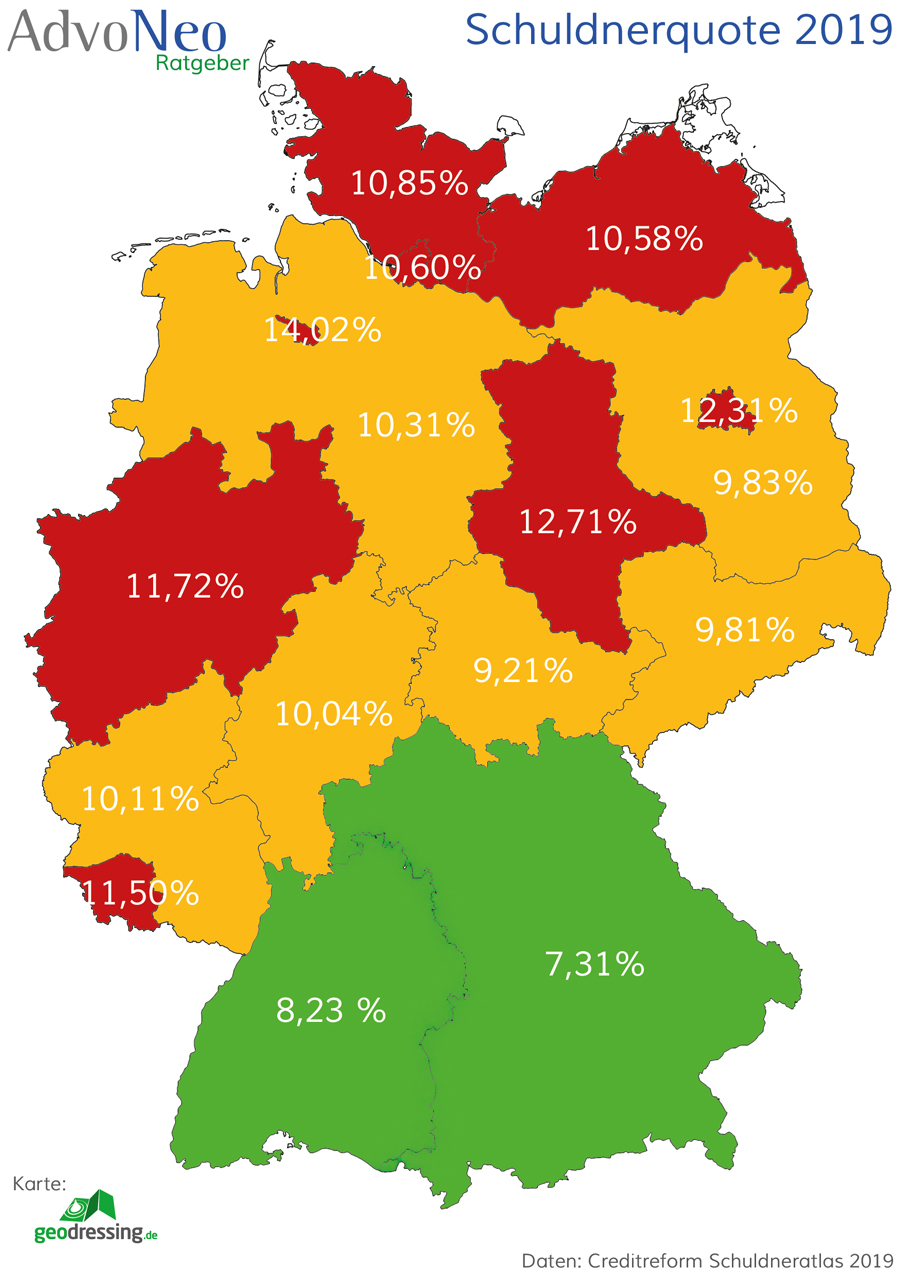 Schuldneratlas 2019 Deutschlandkarte Schuldnerquote Bundesländer