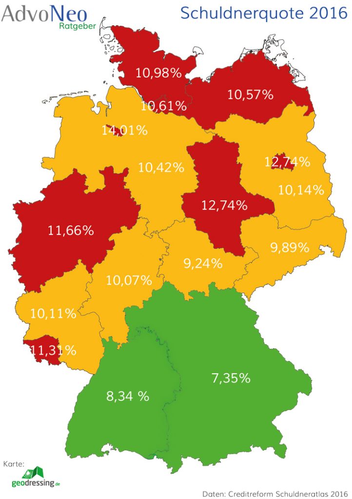 SchuldnerAtlas 2016 Schuldnerquote Bundesländer Karte